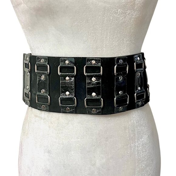 WCM wide statement stretch belt leather suede  black w/ silver toned hardware - Picture 7 of 7